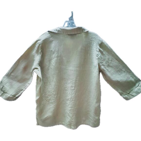 Tahari Loose Boxy Pullover Top Women Medium 100% Linen 3/4 Sleeve V-Neck Green - Picture 5 of 6